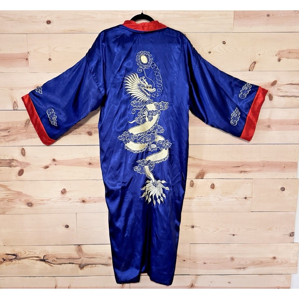 Reversible Embroidered Dragon Satin Kimono Robe Blue‎ Red Gold Dressing Gown